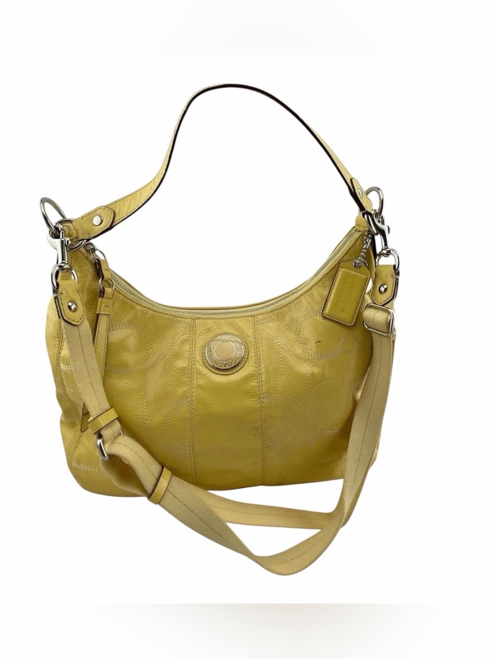 Coach: Sunshine Yellow Patent Leather Logo Convertible Hobo Crossbody